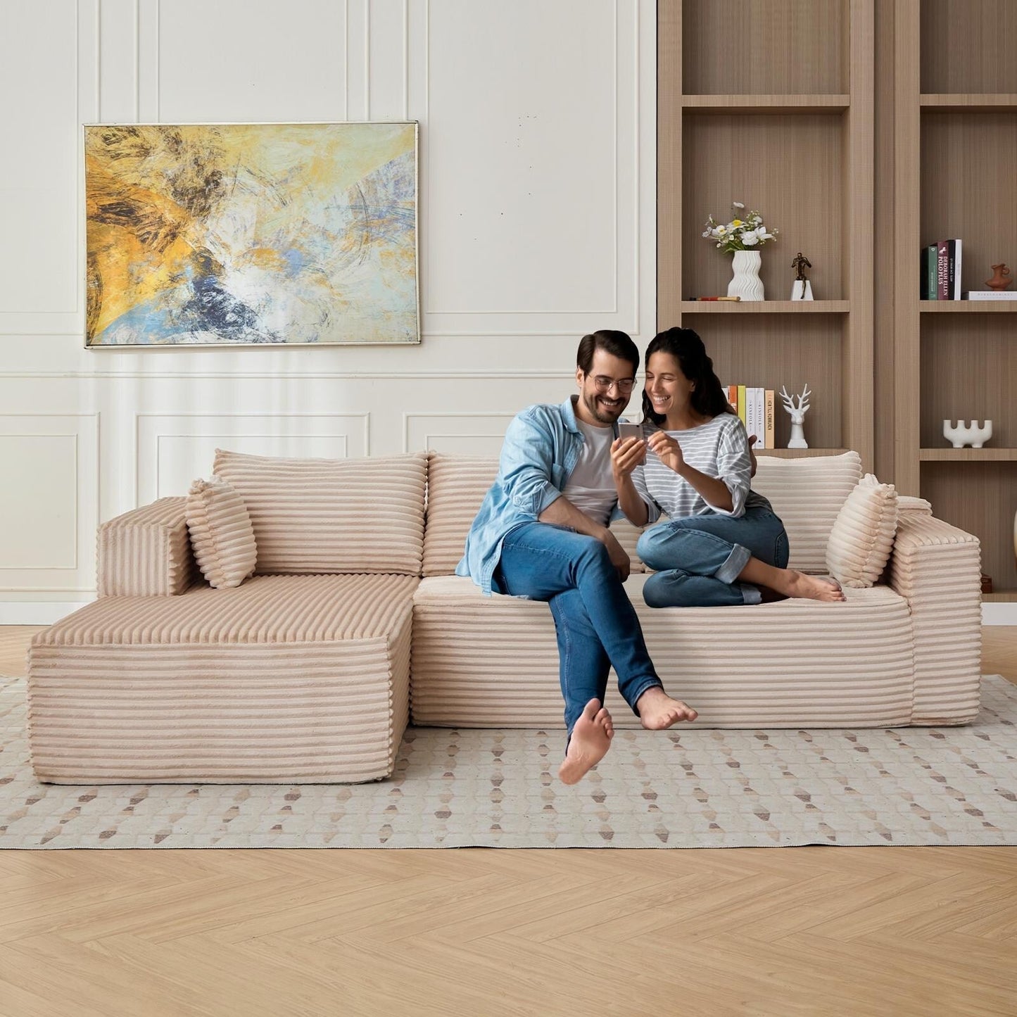 Compression Sectional Couch with Chaise L Shape Sofa Deep Seat Modular Sleeper for Living Room Bedroom Corduroy