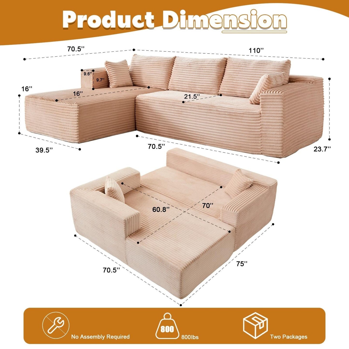 Compression Sectional Couch with Chaise L Shape Sofa Deep Seat Modular Sleeper for Living Room Bedroom Corduroy