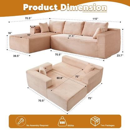 Compression Sectional Couch with Chaise L Shape Sofa Deep Seat Modular Sleeper for Living Room Bedroom Corduroy