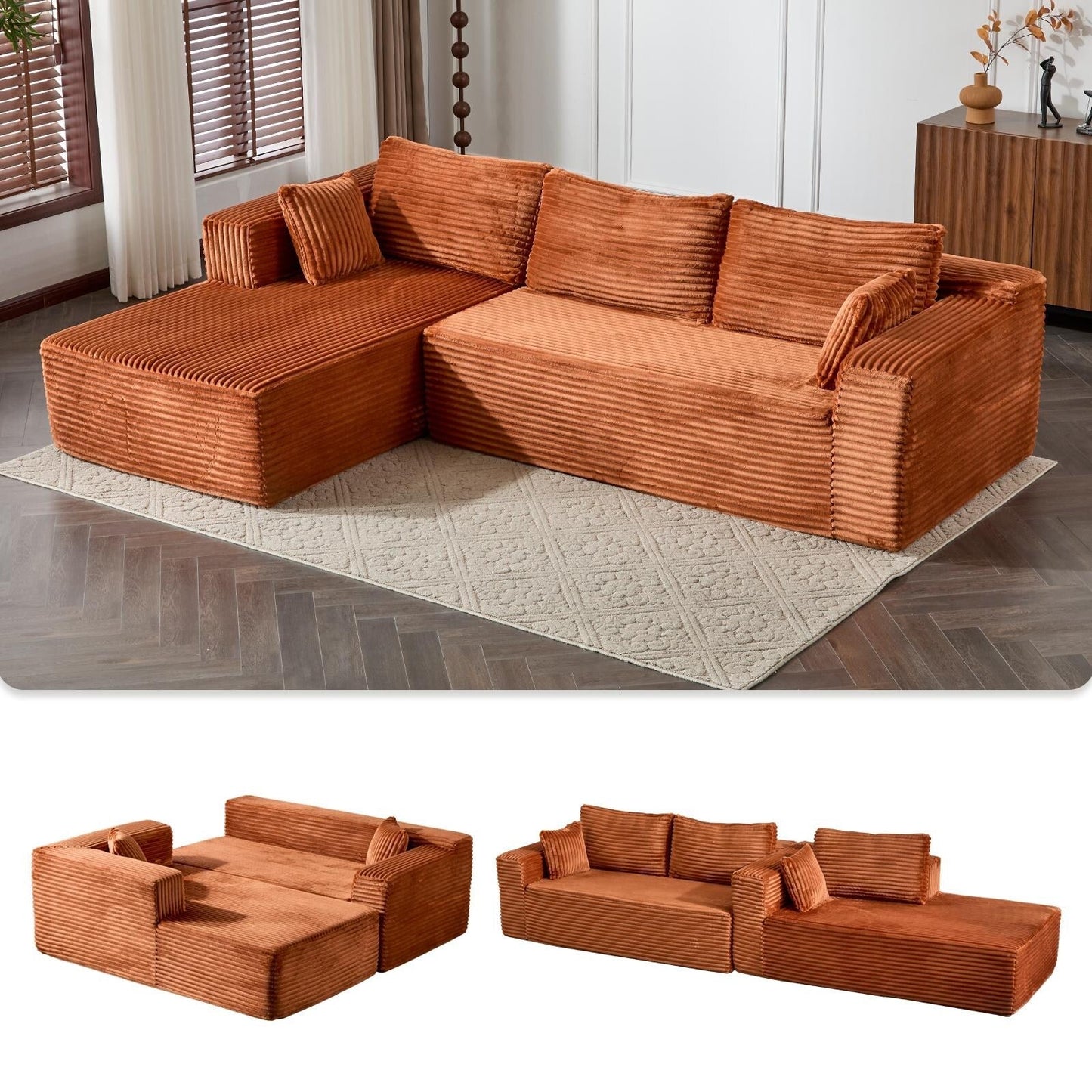 Compression Sectional Couch with Chaise L Shape Sofa Deep Seat Modular Sleeper for Living Room Bedroom Corduroy