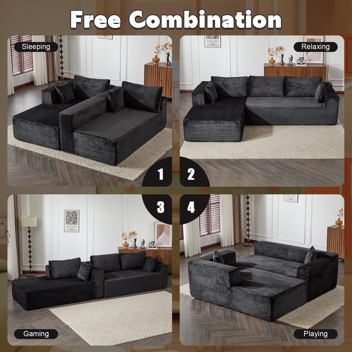 Compression Sectional Couch with Chaise L Shape Sofa Deep Seat Modular Sleeper for Living Room Bedroom Corduroy