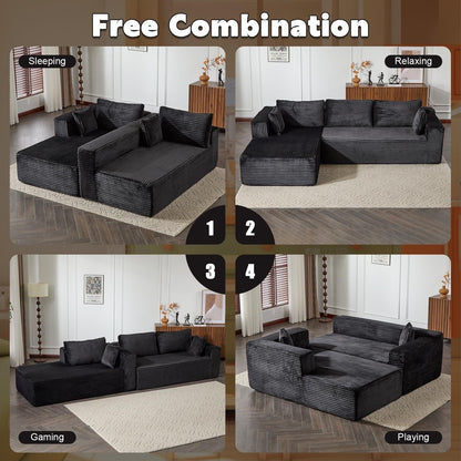 Compression Sectional Couch with Chaise L Shape Sofa Deep Seat Modular Sleeper for Living Room Bedroom Corduroy