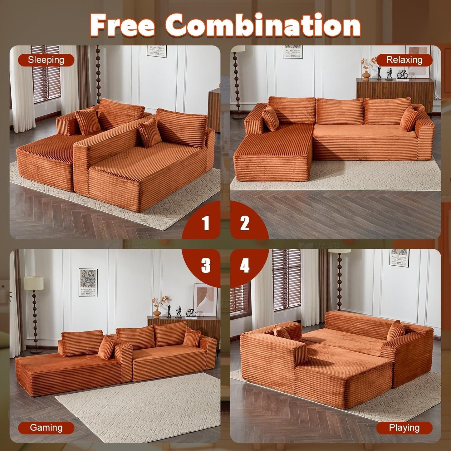 Compression Sectional Couch with Chaise L Shape Sofa Deep Seat Modular Sleeper for Living Room Bedroom Corduroy