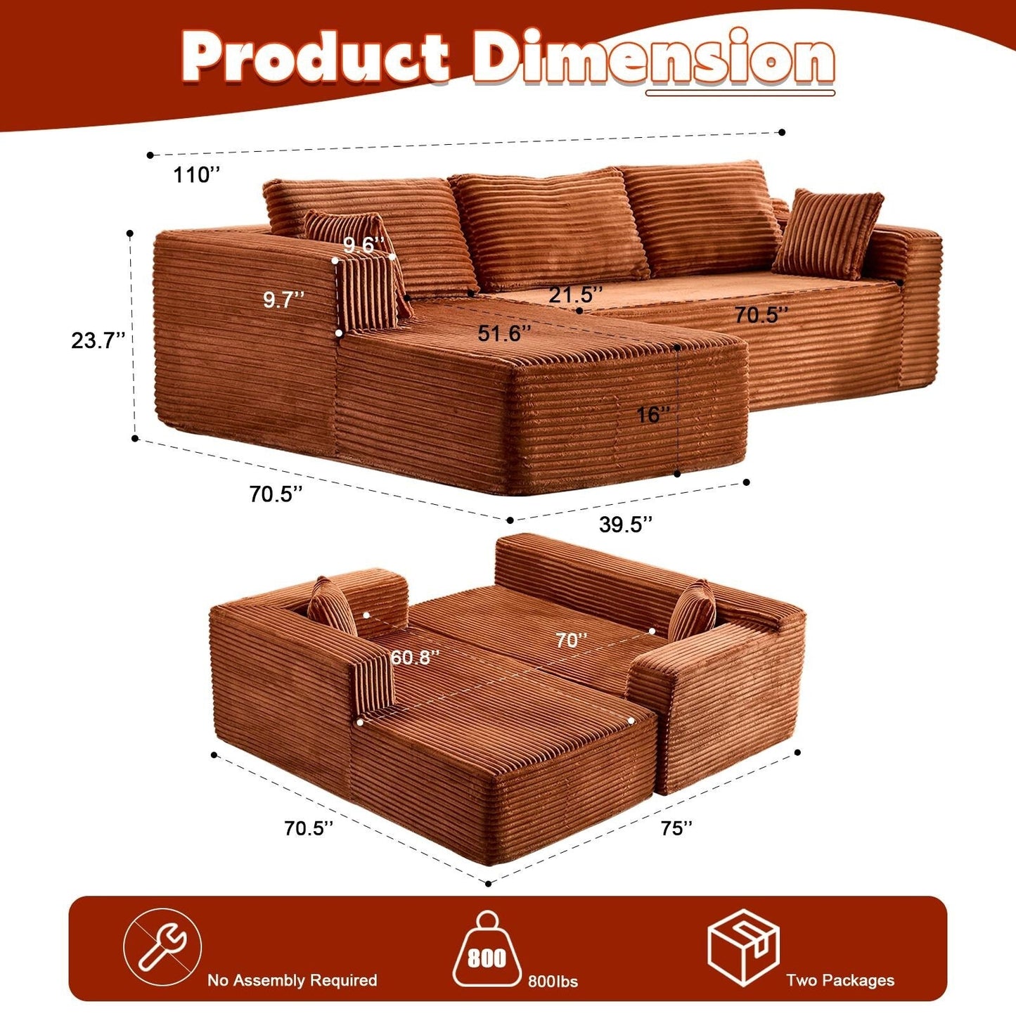 Compression Sectional Couch with Chaise L Shape Sofa Deep Seat Modular Sleeper for Living Room Bedroom Corduroy