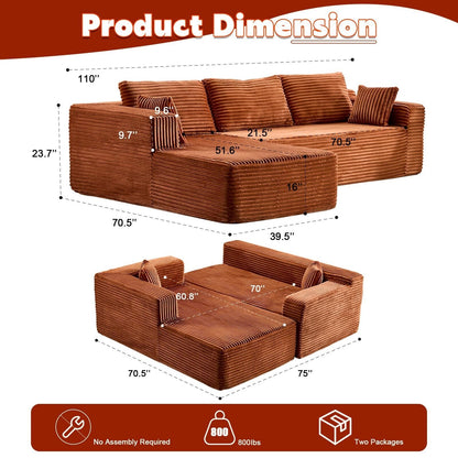 Compression Sectional Couch with Chaise L Shape Sofa Deep Seat Modular Sleeper for Living Room Bedroom Corduroy