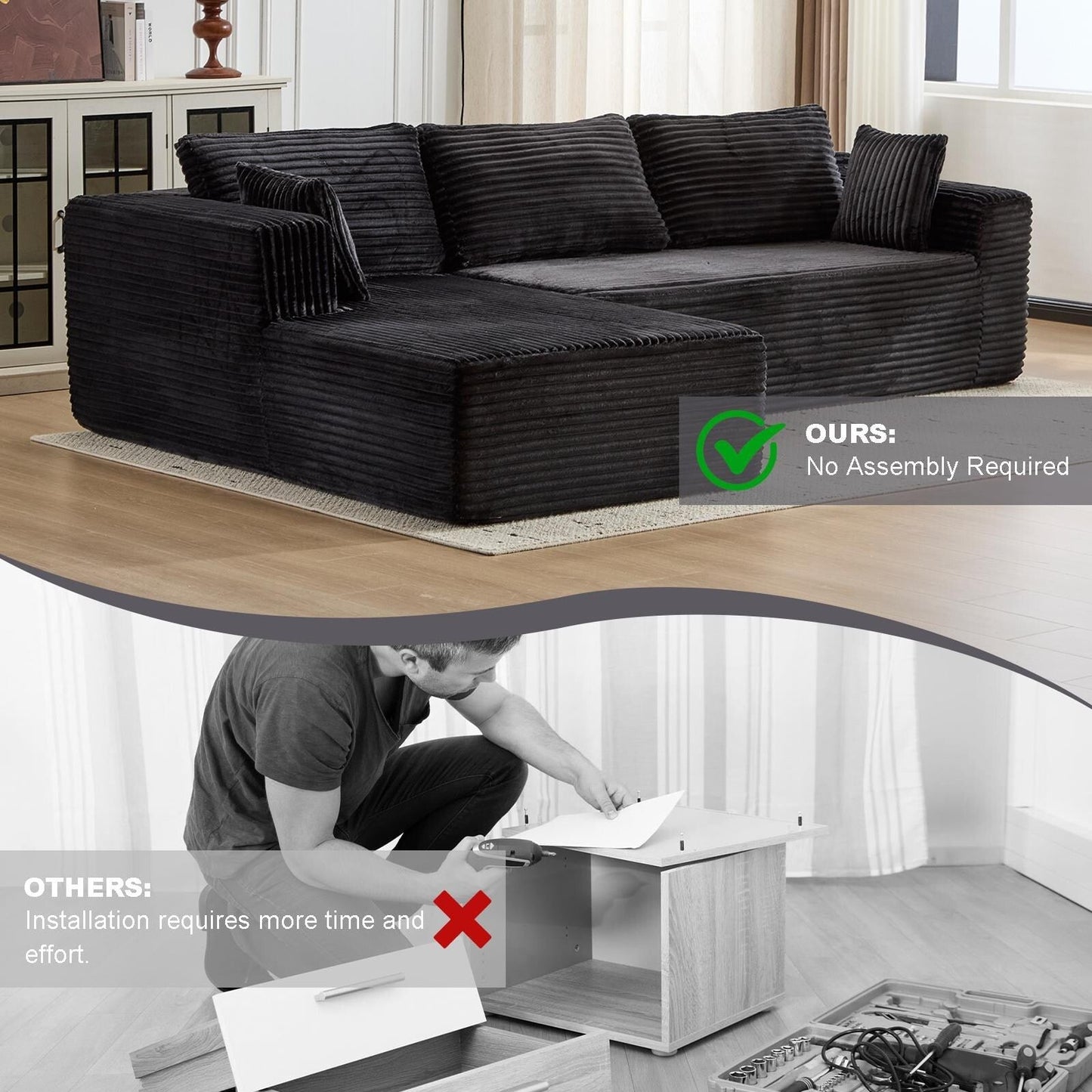 Compression Sectional Couch with Chaise L Shape Sofa Deep Seat Modular Sleeper for Living Room Bedroom Corduroy