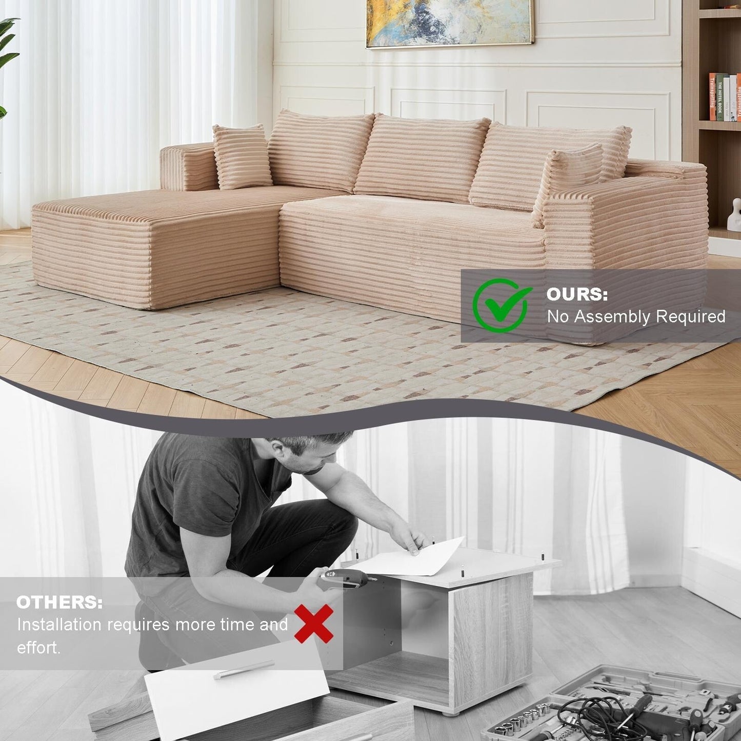 Compression Sectional Couch with Chaise L Shape Sofa Deep Seat Modular Sleeper for Living Room Bedroom Corduroy
