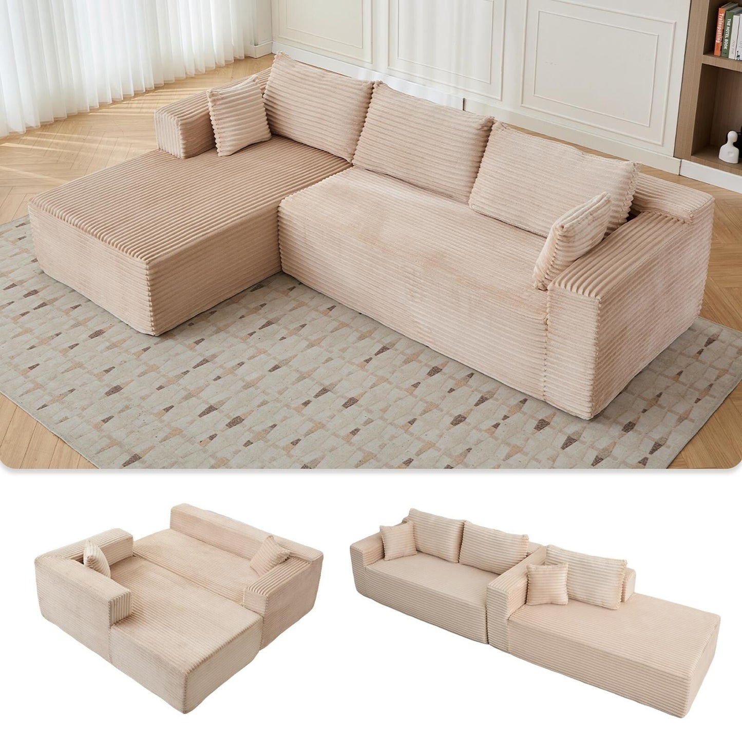 Compression Sectional Couch with Chaise L Shape Sofa Deep Seat Modular Sleeper for Living Room Bedroom Corduroy