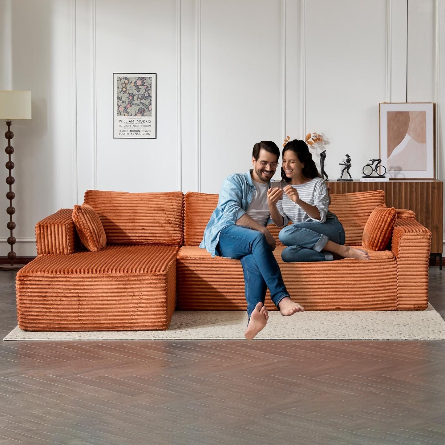 Compression Sectional Couch with Chaise L Shape Sofa Deep Seat Modular Sleeper for Living Room Bedroom Corduroy