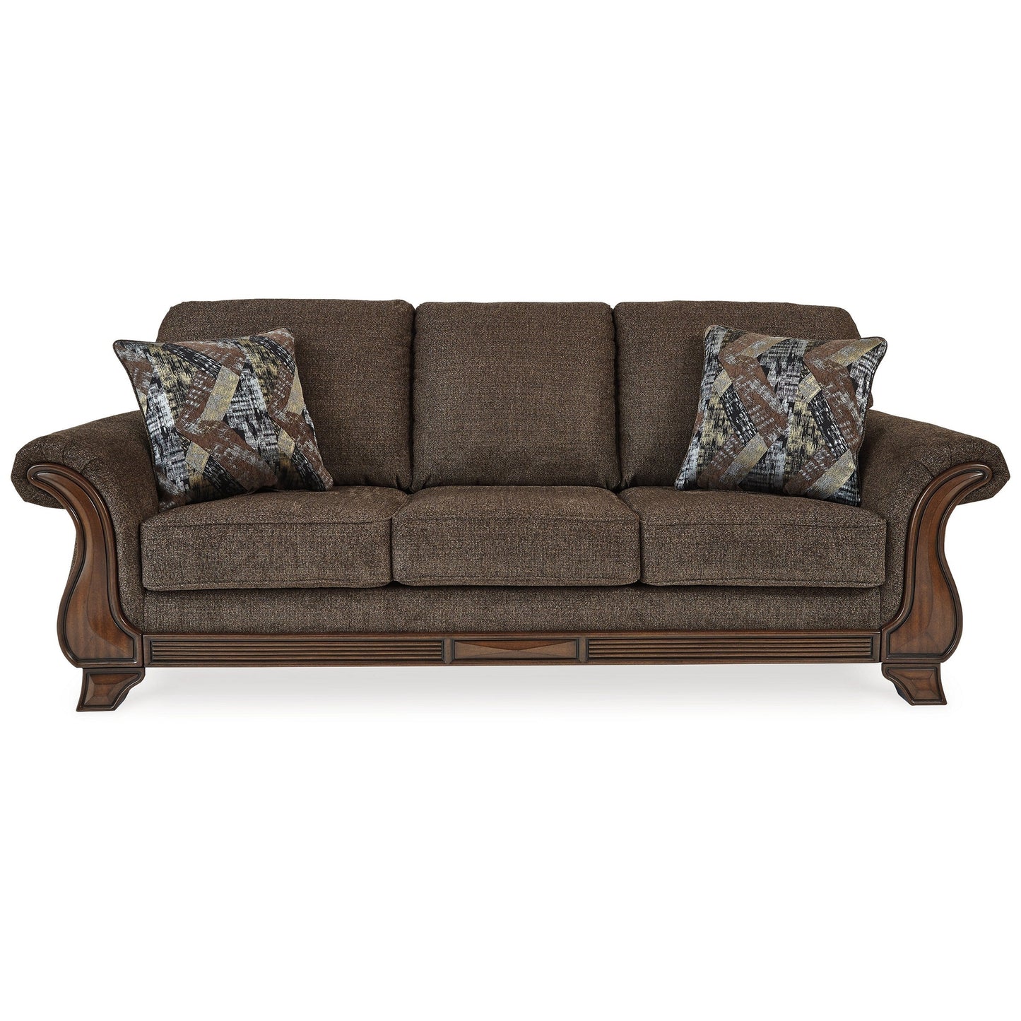 Conner Sofa, Brown Polyester, Exposed Wood Accents, 2 Pillows, 93 Inch