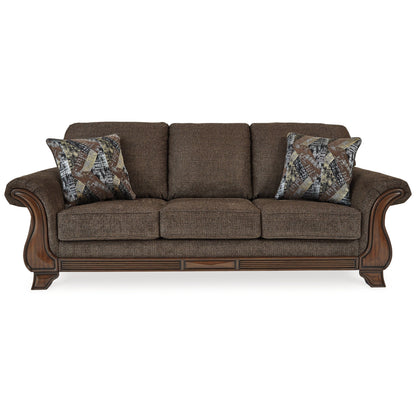 Conner Sofa, Brown Polyester, Exposed Wood Accents, 2 Pillows, 93 Inch