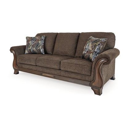 Conner Sofa, Brown Polyester, Exposed Wood Accents, 2 Pillows, 93 Inch
