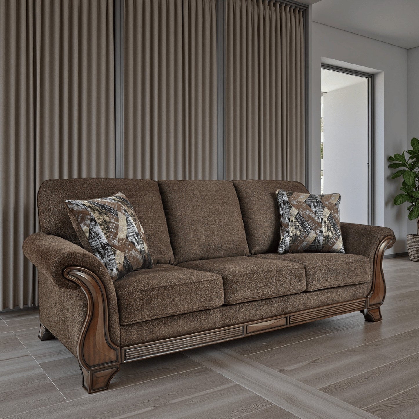 Conner Sofa, Brown Polyester, Exposed Wood Accents, 2 Pillows, 93 Inch