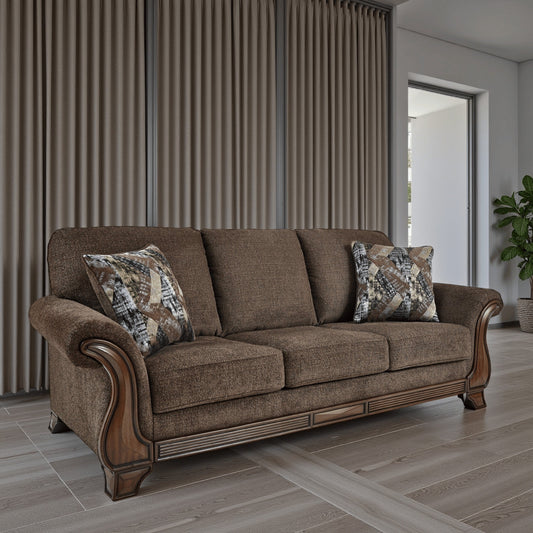 Conner Sofa, Brown Polyester, Exposed Wood Accents, 2 Pillows, 93 Inch
