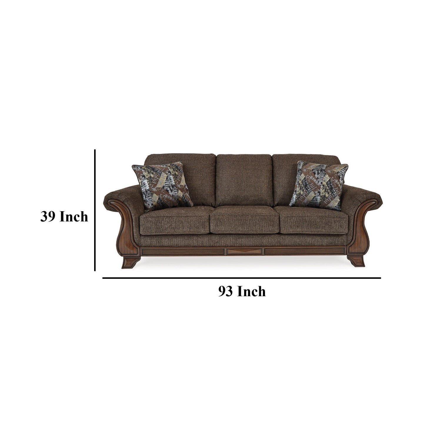 Conner Sofa, Brown Polyester, Exposed Wood Accents, 2 Pillows, 93 Inch