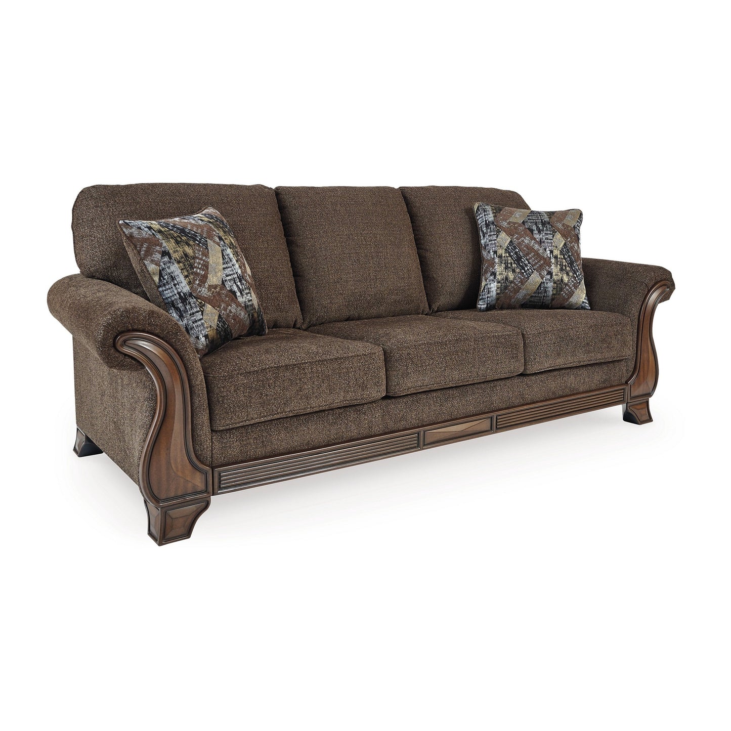 Conner Sofa, Brown Polyester, Exposed Wood Accents, 2 Pillows, 93 Inch