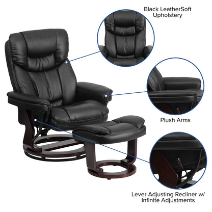 Contemporary Multi-Position Recliner and Curved Ottoman with Swivel Base