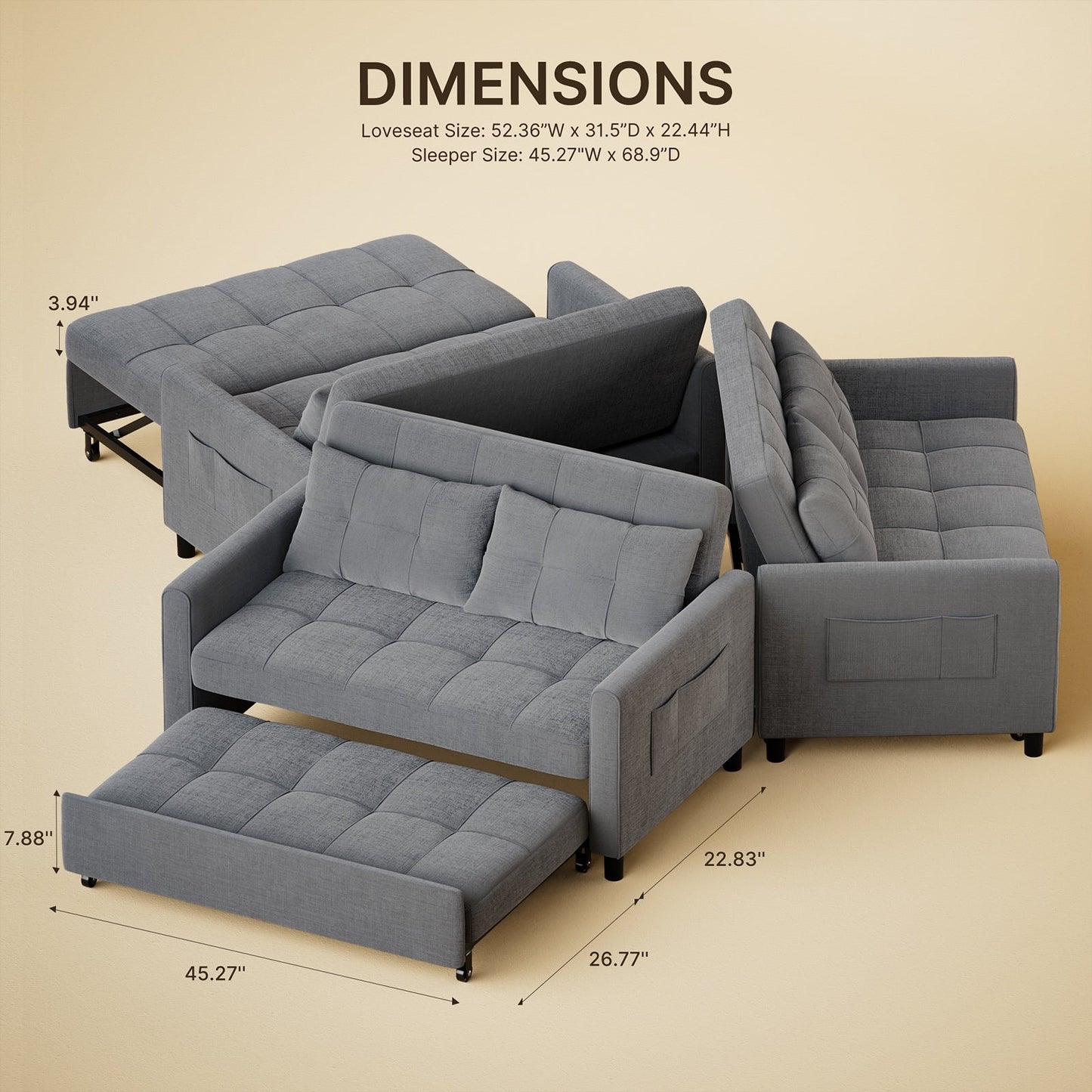 Convertiable 3 in 1 Sofa Loveseat with Pull-up Bed
