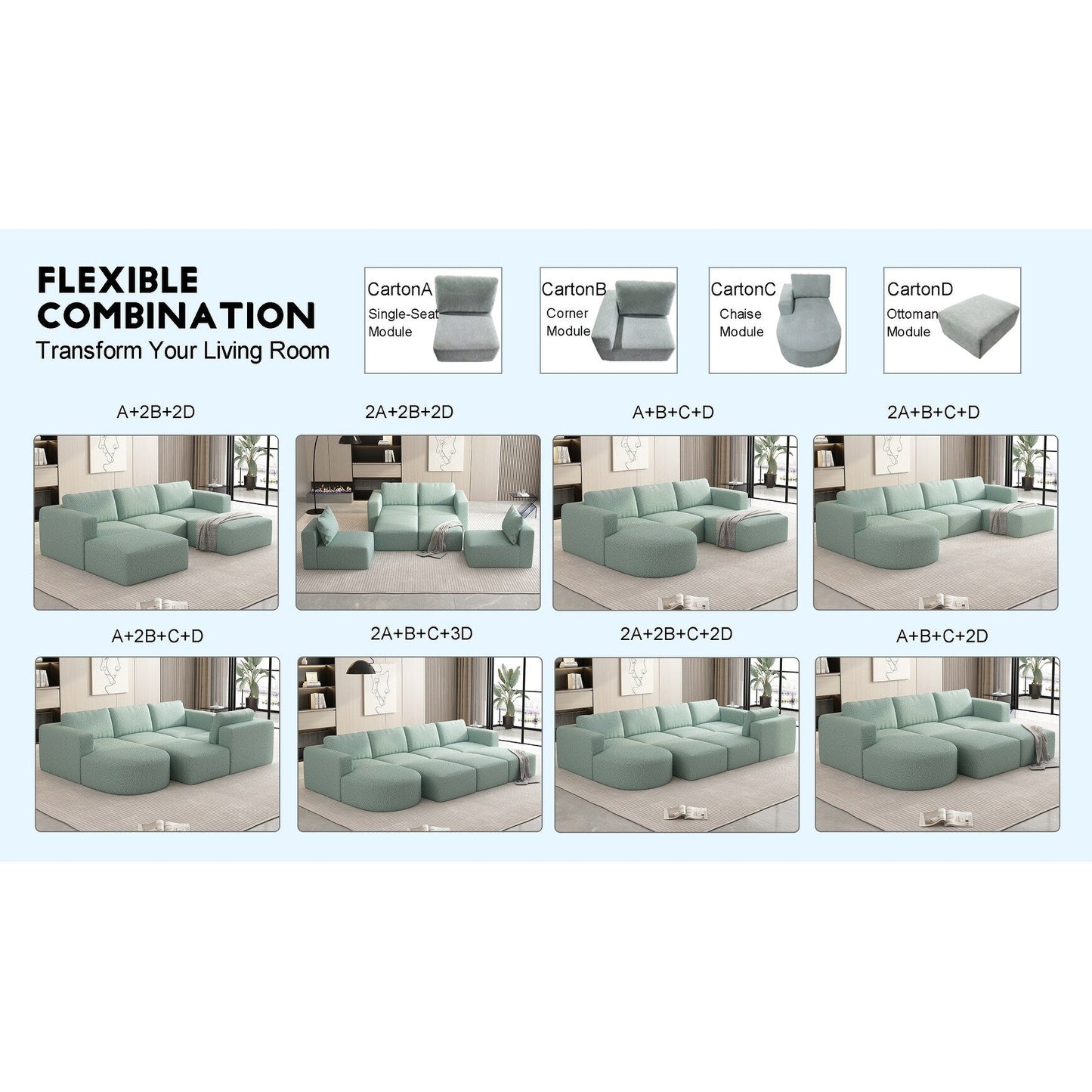 Convertible 104.32*70.86 U-Shaped Modular Sectional Sofa with Chaise, Ottoman, and Compressed Sponge for Living Room