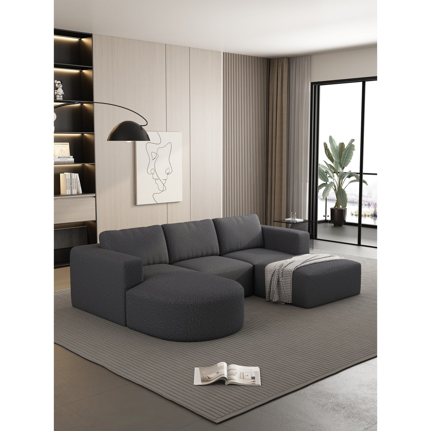 Convertible 104.32*70.86 U-Shaped Modular Sectional Sofa with Chaise, Ottoman, and Compressed Sponge for Living Room