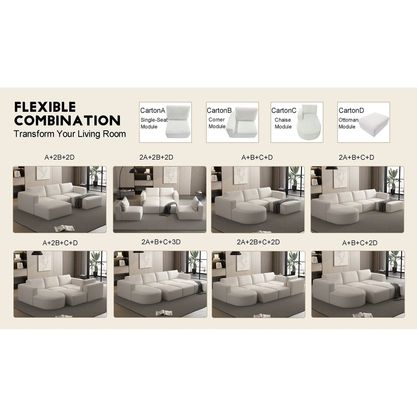 Convertible 104.32*70.86 U-Shaped Modular Sectional Sofa with Chaise, Ottoman, and Compressed Sponge for Living Room