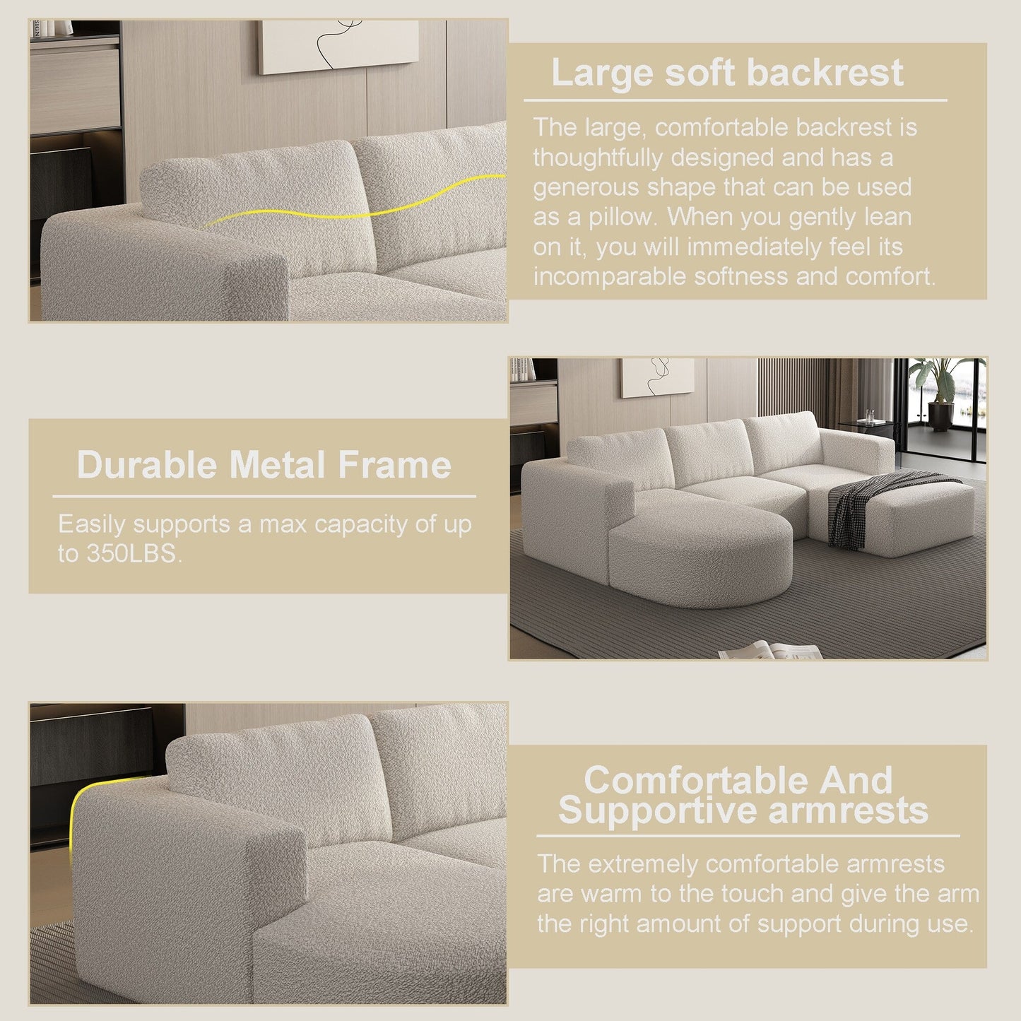 Convertible 104.32*70.86 U-Shaped Modular Sectional Sofa with Chaise, Ottoman, and Compressed Sponge for Living Room