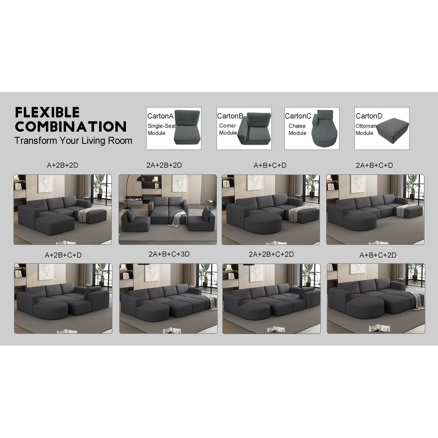 Convertible 104.32*70.86 U-Shaped Modular Sectional Sofa with Chaise, Ottoman, and Compressed Sponge for Living Room