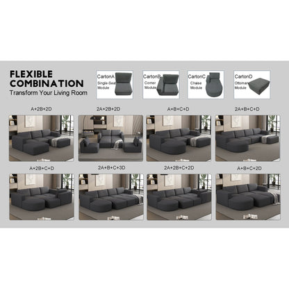 Convertible 104.32*70.86 U-Shaped Modular Sectional Sofa with Chaise, Ottoman, and Compressed Sponge for Living Room
