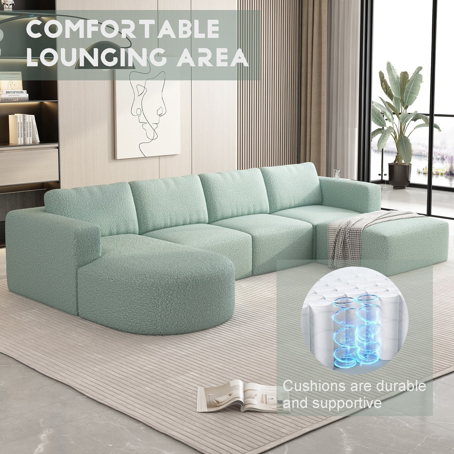 Convertible 104.32*70.86 U-Shaped Modular Sectional Sofa with Chaise, Ottoman, and Compressed Sponge for Living Room