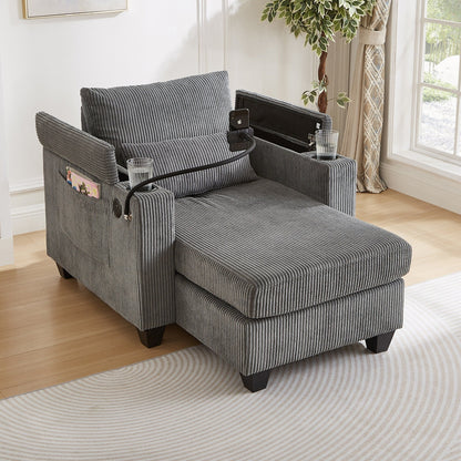 Convertible Chaise Lounge 37.4 Sofa Chair Sofa Bed Corduroy Sleeper Sofa with USB Ports, Two Cup Holders