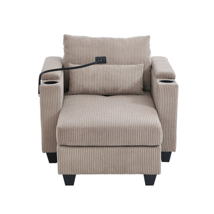 Convertible Chaise Lounge 37.4 Sofa Chair Sofa Bed Corduroy Sleeper Sofa with USB Ports, Two Cup Holders