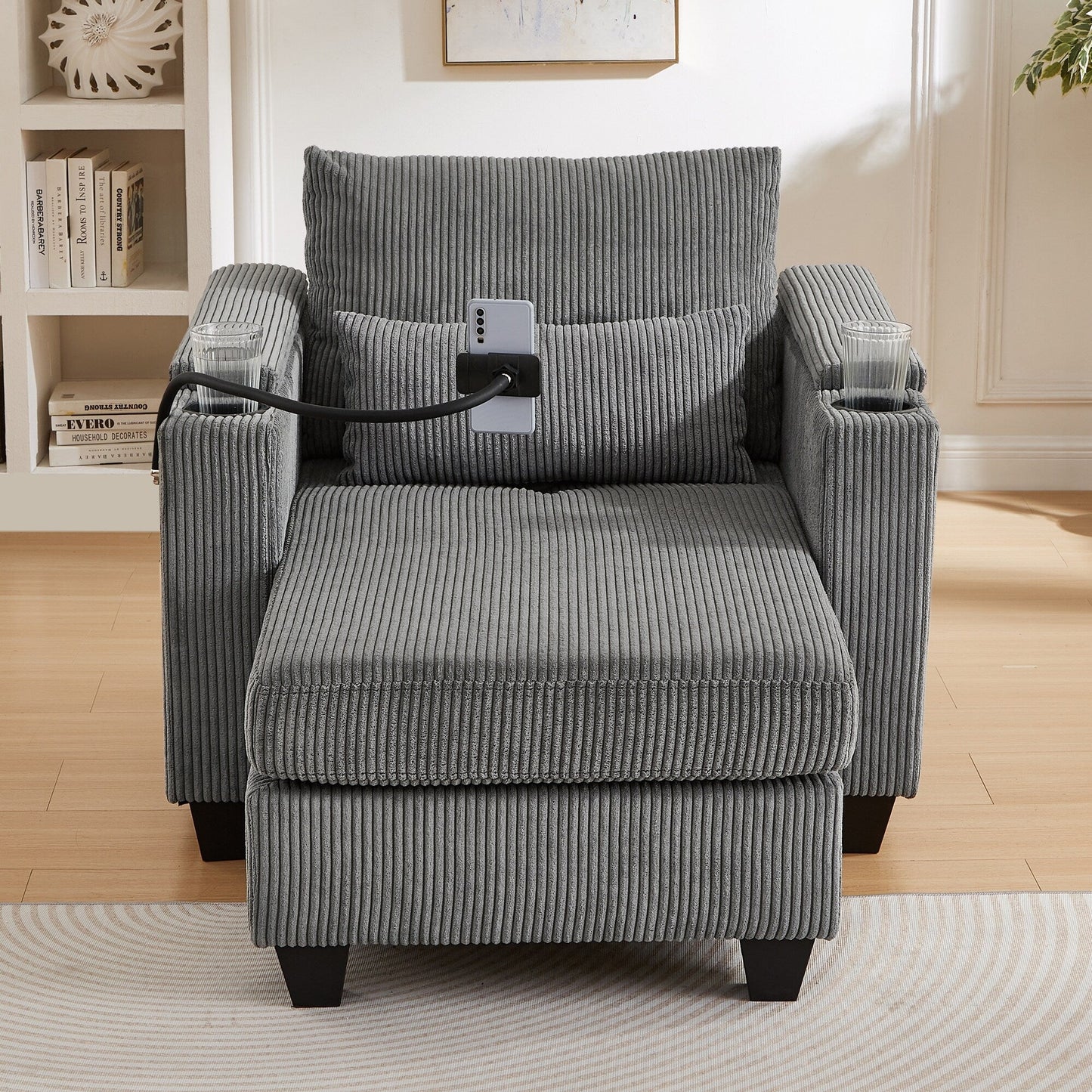 Convertible Chaise Lounge 37.4 Sofa Chair Sofa Bed Corduroy Sleeper Sofa with USB Ports, Two Cup Holders