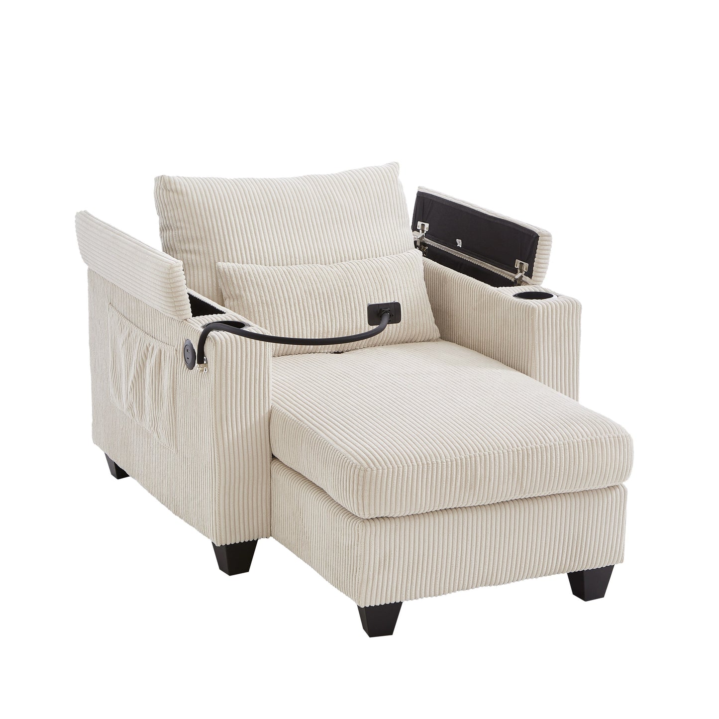 Convertible Chaise Lounge 37.4 Sofa Chair Sofa Bed Corduroy Sleeper Sofa with USB Ports, Two Cup Holders