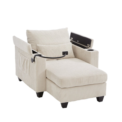 Convertible Chaise Lounge 37.4 Sofa Chair Sofa Bed Corduroy Sleeper Sofa with USB Ports, Two Cup Holders