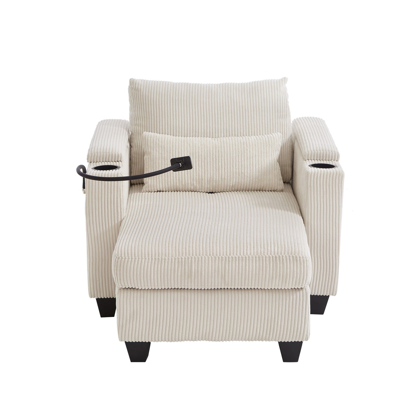 Convertible Chaise Lounge 37.4 Sofa Chair Sofa Bed Corduroy Sleeper Sofa with USB Ports, Two Cup Holders
