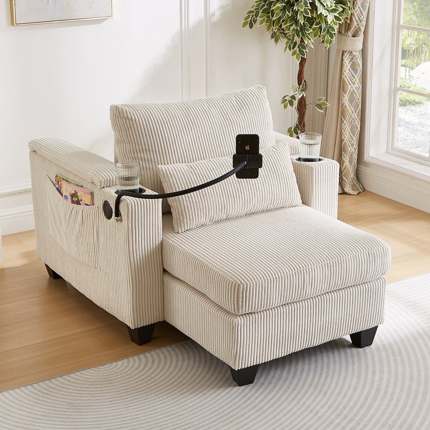 Convertible Chaise Lounge 37.4 Sofa Chair Sofa Bed Corduroy Sleeper Sofa with USB Ports, Two Cup Holders