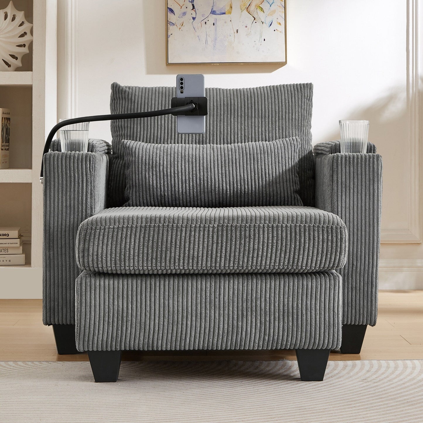 Convertible Chaise Lounge 37.4 Sofa Chair Sofa Bed Corduroy Sleeper Sofa with USB Ports, Two Cup Holders