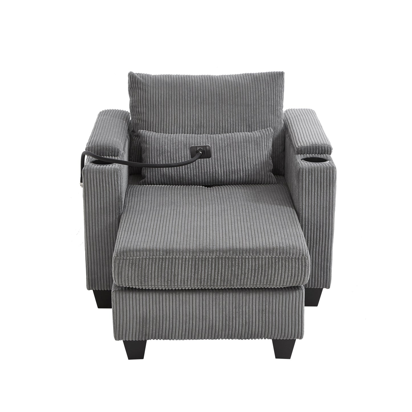 Convertible Chaise Lounge 37.4 Sofa Chair Sofa Bed Corduroy Sleeper Sofa with USB Ports, Two Cup Holders