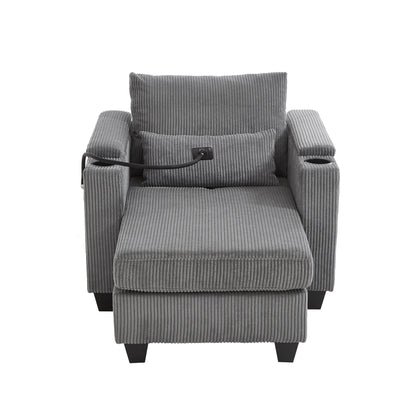 Convertible Chaise Lounge 37.4 Sofa Chair Sofa Bed Corduroy Sleeper Sofa with USB Ports, Two Cup Holders