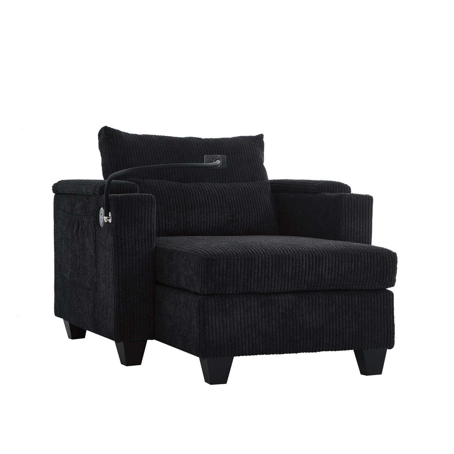 Convertible Chaise Lounge 37.4 Sofa Chair Sofa Bed Corduroy Sleeper Sofa with USB Ports, Two Cup Holders