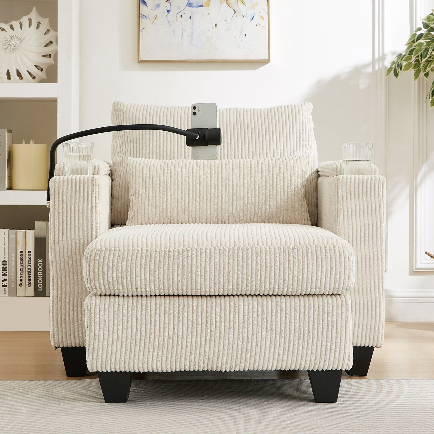 Convertible Chaise Lounge 37.4 Sofa Chair Sofa Bed Corduroy Sleeper Sofa with USB Ports, Two Cup Holders
