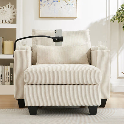 Convertible Chaise Lounge 37.4 Sofa Chair Sofa Bed Corduroy Sleeper Sofa with USB Ports, Two Cup Holders