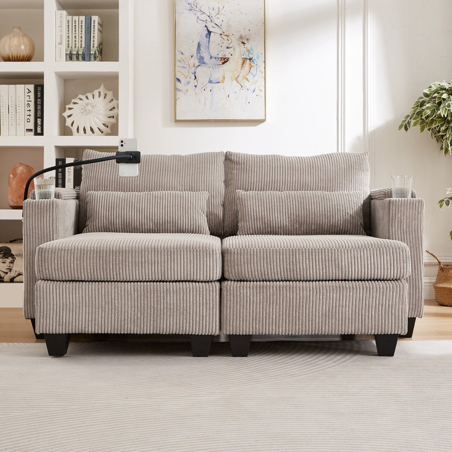 Convertible Chaise Lounge 63 Loveseat Sofa Sofa Bed Corduroy Sleeper Sofa with USB Ports, Two Cup Holders