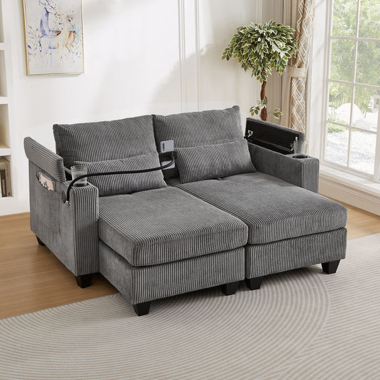 Convertible Chaise Lounge 63 Loveseat Sofa Sofa Bed Corduroy Sleeper Sofa with USB Ports, Two Cup Holders