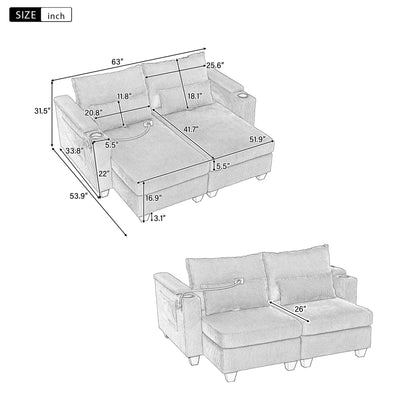 Convertible Chaise Lounge 63 Loveseat Sofa Sofa Bed Corduroy Sleeper Sofa with USB Ports, Two Cup Holders