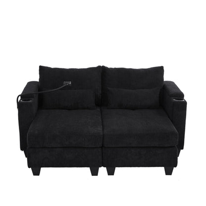 Convertible Chaise Lounge 63 Loveseat Sofa Sofa Bed Corduroy Sleeper Sofa with USB Ports, Two Cup Holders