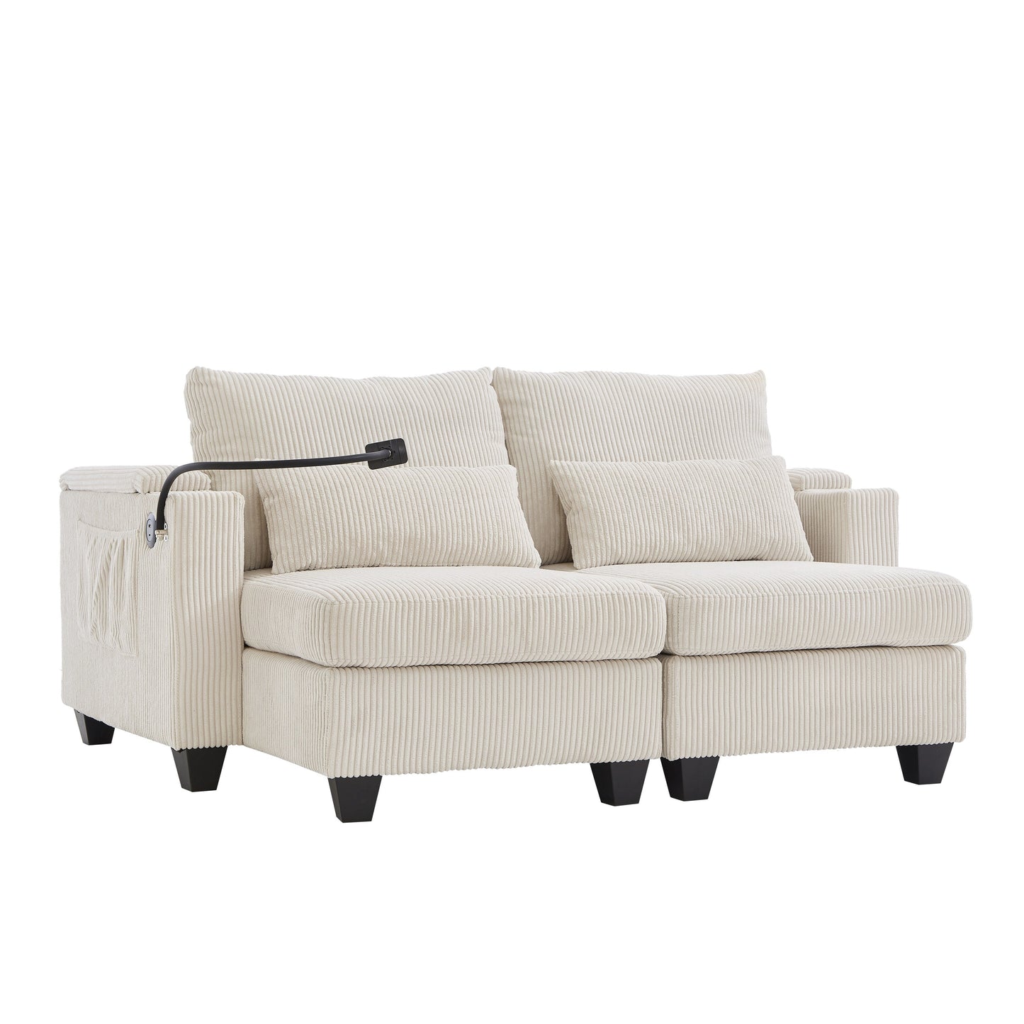 Convertible Chaise Lounge 63 Loveseat Sofa Sofa Bed Corduroy Sleeper Sofa with USB Ports, Two Cup Holders
