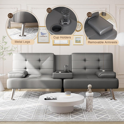 Convertible Folding Futon Sofa Bed - Faux Leather Sleeper Couch with Removable Armrests, Metal Legs & Cup Holders, Black
