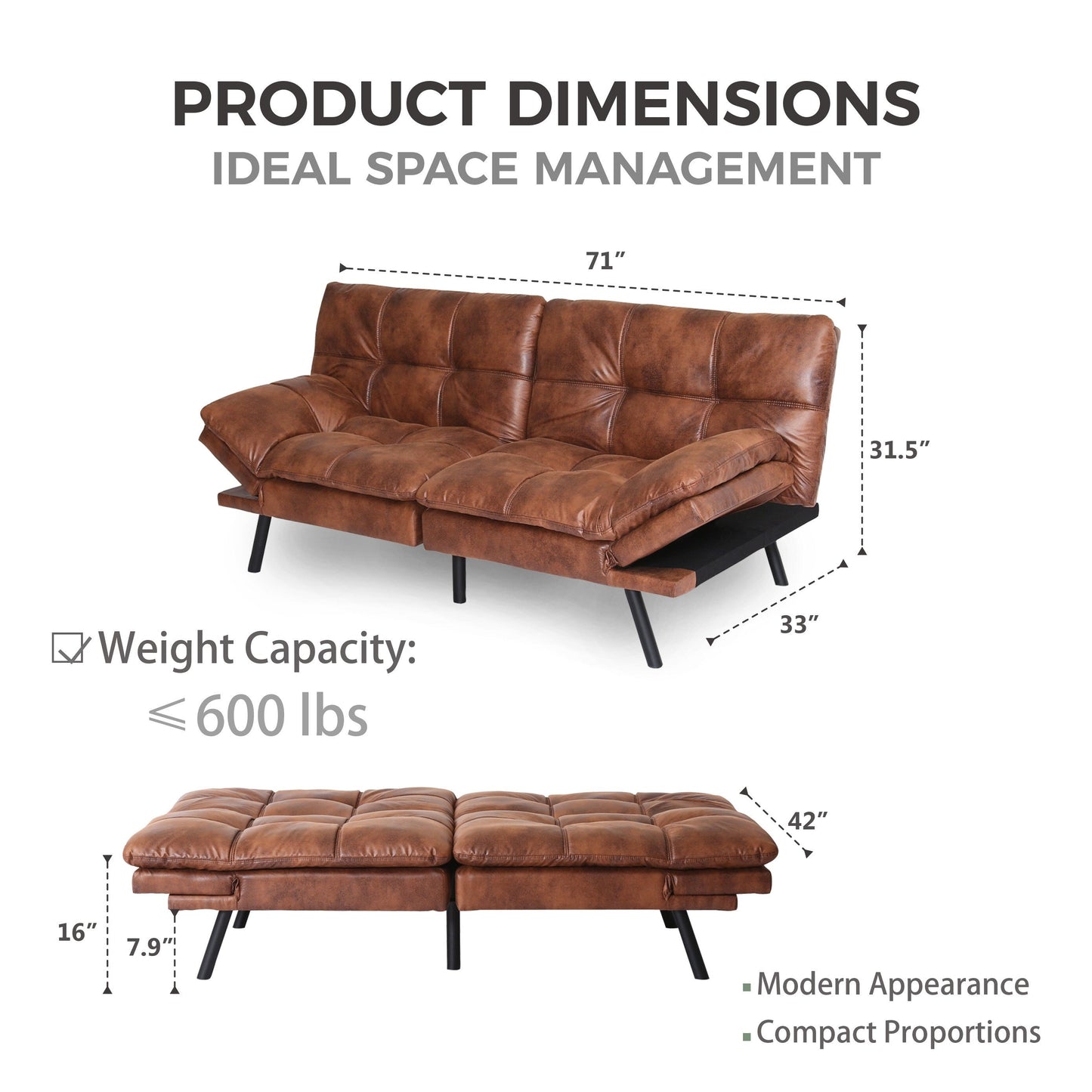Convertible Futon Couch Bed, Modern Folding Sleeper Sofa