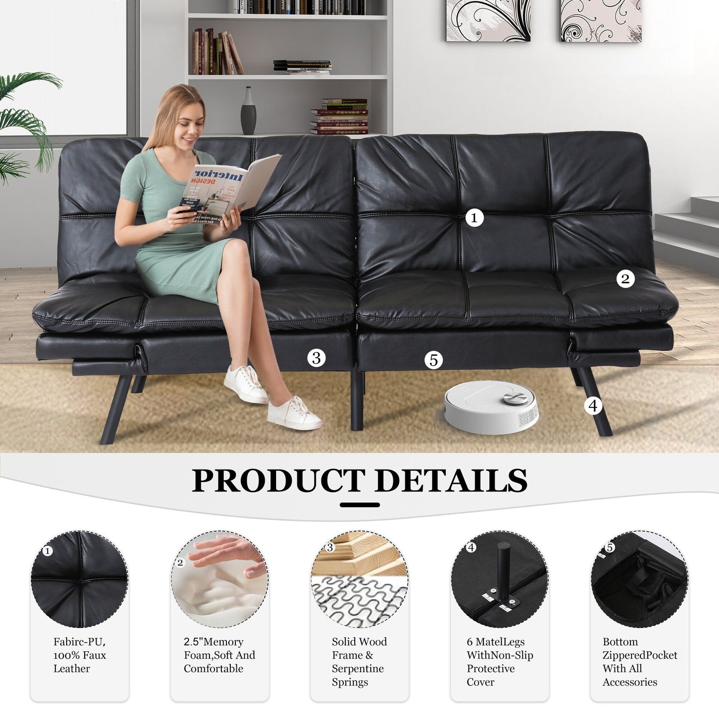 Convertible Loveseat Sofa Bed with Adjustable Armrests